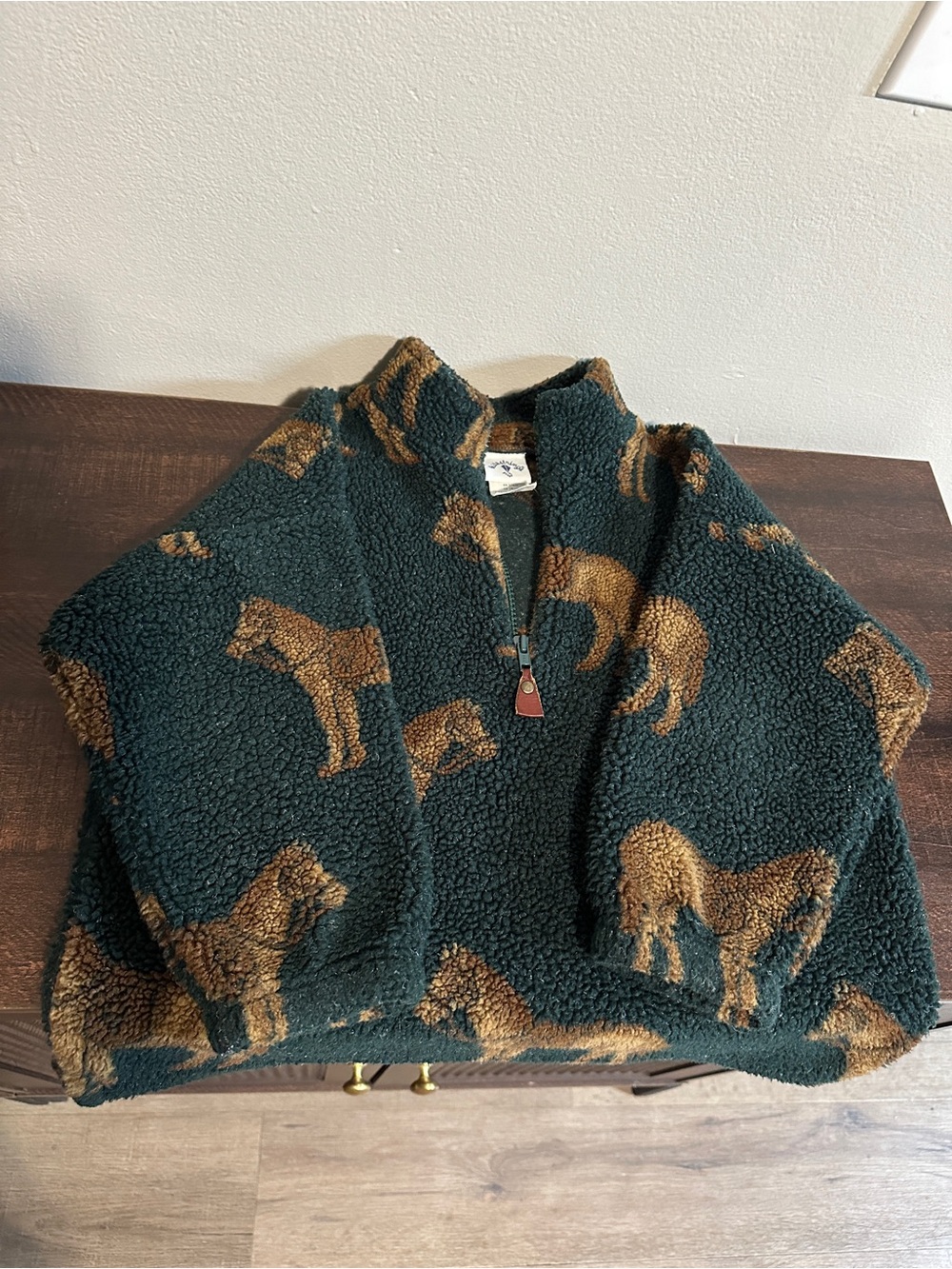 Vintage Kitestrings Kids Green & Brown Sherpa Half-Zip Jacket with Horse Print